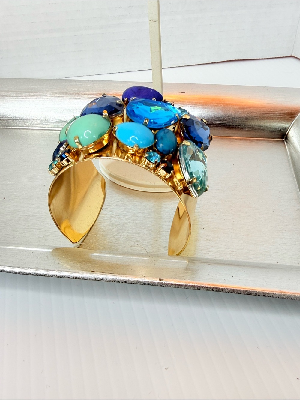 Gold tone Cuff Bracelet with Blue and Turquoise Gemstones - Picture 3 of 6